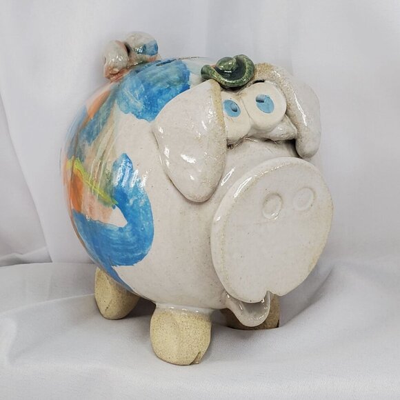 Vtg Piggy Bank Studio Art Pottery Ceramic Glazed Pig, Cowboy Hat & Large Snout - Picture 1 of 16